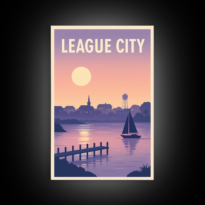 League City Texas Travel Poster, Framed Canvas Print, Retro Sunset Skyline Art, League City Travel Art, Travel Wall Decor, Travel Wall Art