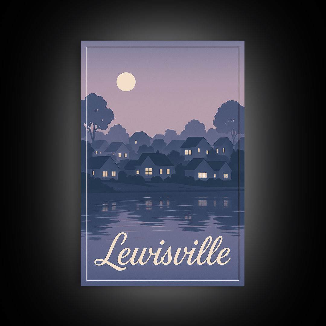 Lewisville Travel Poster, Framed Canvas Print, Retro Sunset Skyline Art, Lewisville Wall Art, Home Office Decor, Wanderlust Decor