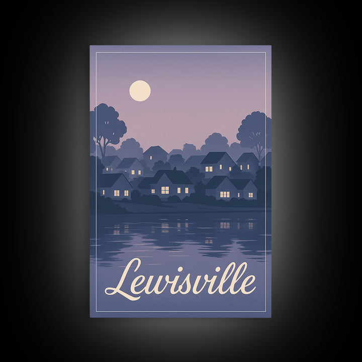 Lewisville Travel Poster, Framed Canvas Print, Retro Sunset Skyline Art, Lewisville Wall Art, Home Office Decor, Wanderlust Decor