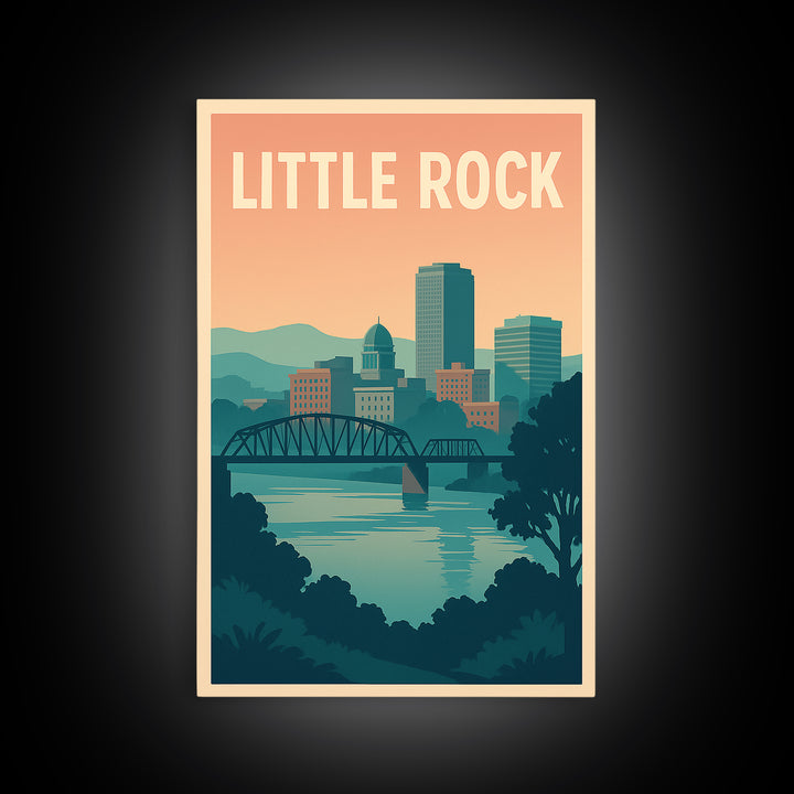 Little Rock Arkansas Travel Poster, Canvas Print, Retro Sunset Skyline Art, Little Rock City Art, Home Office Decor, Retro Travel Print