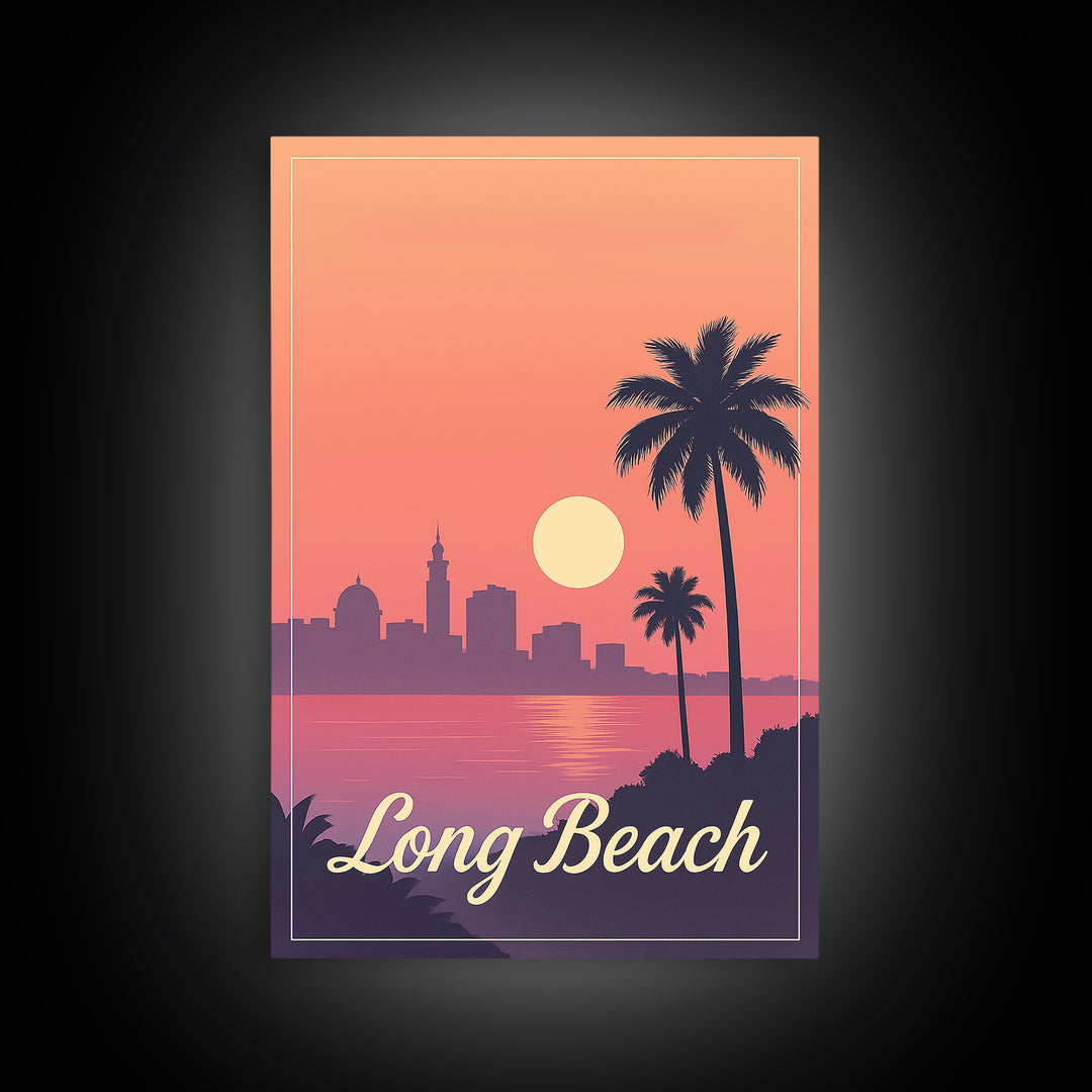 Long Beach California Travel Poster, Canvas Print, Retro Sunset Skyline Art, Long Beach Art Print, Vintage Travel Art, City Travel Prints