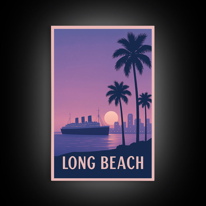 Long Beach Travel Poster, Framed Canvas Print, Mid Century City Wall Art, Long Beach Wall Art, City Art Print, Wanderlust Decor