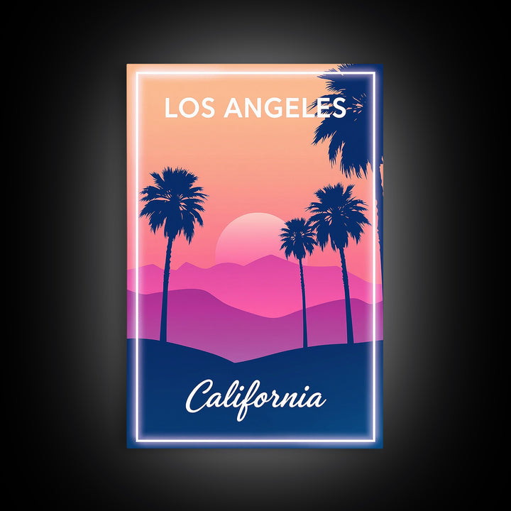 Los Angeles Travel Poster, Framed Canvas Print, Retro Sunset Skyline Art, Los Angeles Travel Art, Retro Travel Print, City Travel Prints