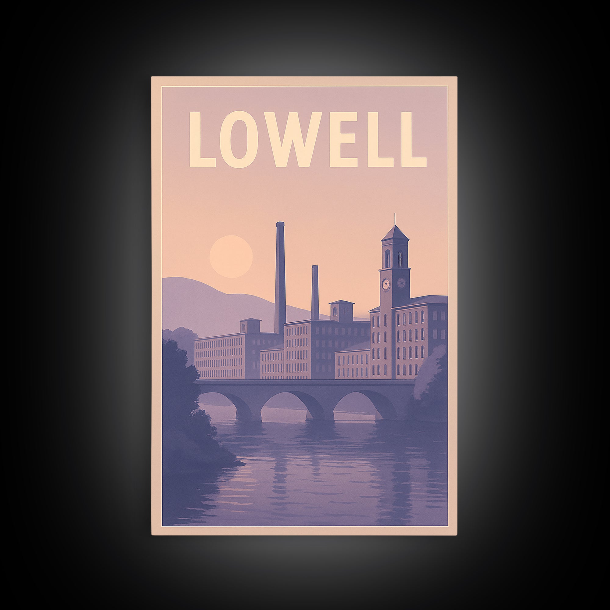 Lowell Massachusetts Travel Poster, Canvas Print, Retro Sunset Skyline Art, Lowell Travel Art, Poster Art, Fine Art Print, Travel Wall Art