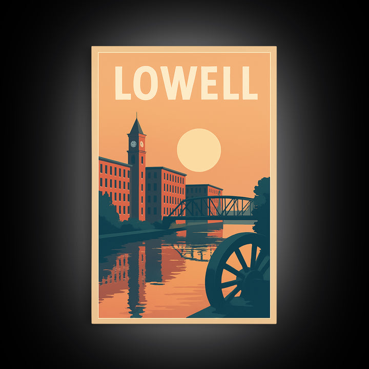 Lowell Travel Poster, Canvas Print, Retro Sunset Skyline Art, Lowell Art Print, Gift For Travelers, Mid Century Wall Art, Travel Art Print