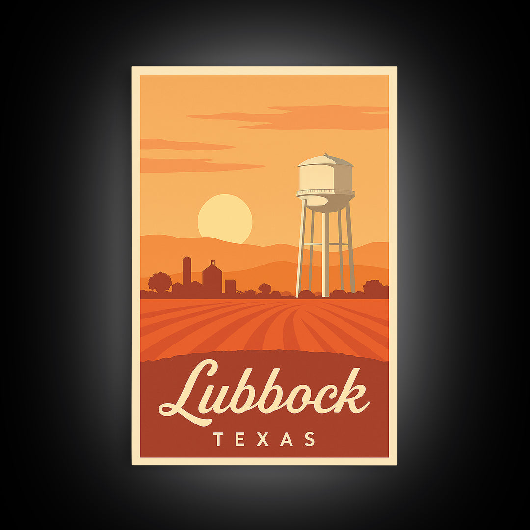 Lubbock Texas Travel Poster, Framed Canvas Print, Retro Sunset Skyline Art, Lubbock Poster Print, Wanderlust Decor, Travel Poster Set