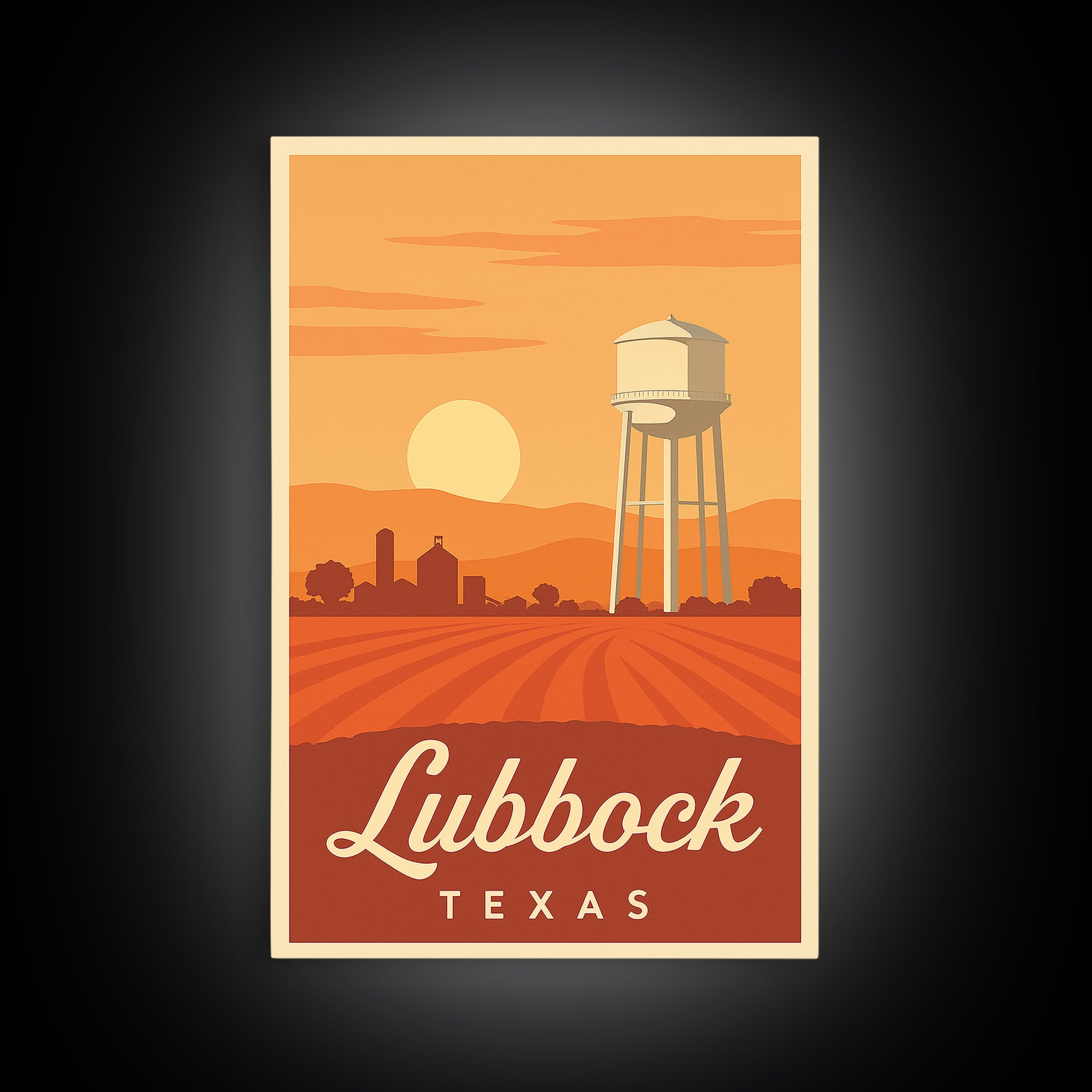 Lubbock Texas Travel Poster, Framed Canvas Print, Retro Sunset Skyline Art, Lubbock Poster Print, Wanderlust Decor, Travel Poster Set