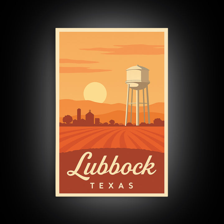 Lubbock Texas Travel Poster, Framed Canvas Print, Retro Sunset Skyline Art, Lubbock Poster Print, Wanderlust Decor, Travel Poster Set