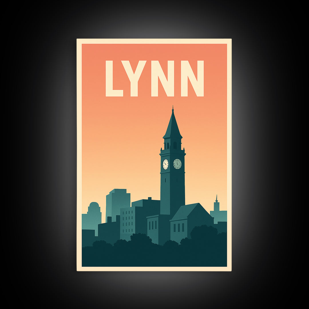 Lynn Massachusetts Travel Poster, Canvas Print, Retro Sunset Skyline Art, Lynn City Art, Travel Poster Set, Travel Art Print