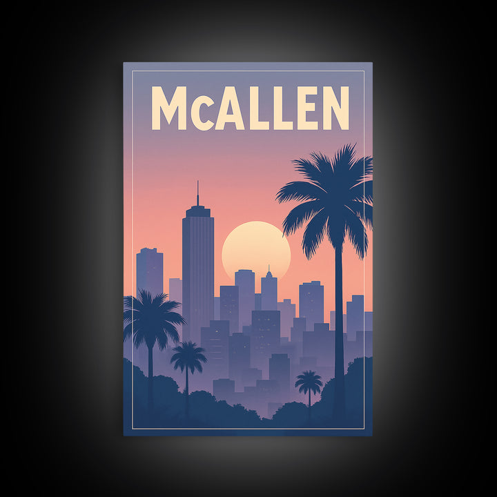 Mcallen Texas Travel Poster, Framed Canvas Print, Retro Sunset Skyline Art, Mcallen Wall Art, Eclectic Wall Decor, City Travel Prints