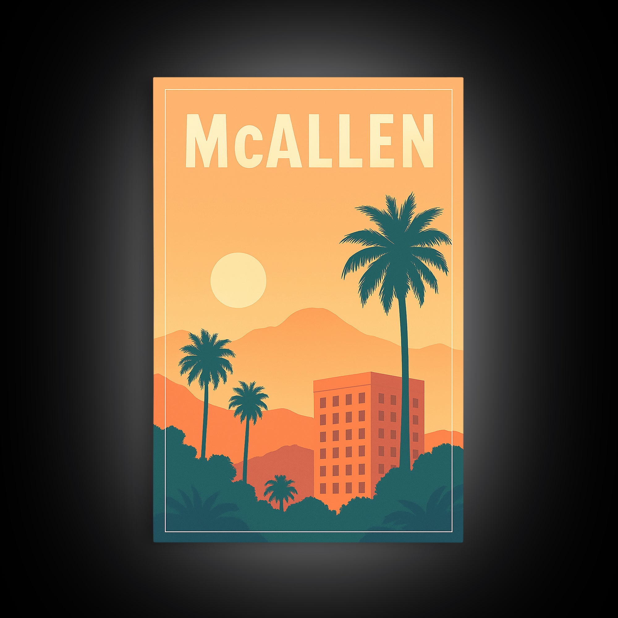 Mcallen Travel Poster, Framed Canvas Print, Mid Century City Wall Art, Mcallen Art Print, Mid Century Wall Art, Gift For Travelers