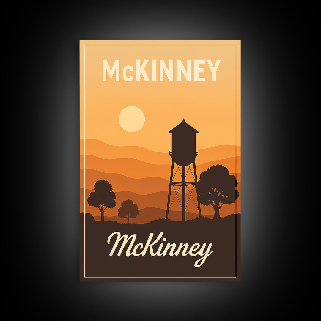 Mckinney Texas Travel Poster, Canvas Print, Retro Sunset Skyline Art, Mckinney Travel Art, Vintage Travel Art, Vintage Travel Print