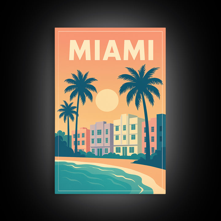 Miami Travel Poster, Framed Canvas Print, Vintage Travel Poster Art, Miami Poster Print, City Art Print, Living Room Wall Art, Design 2