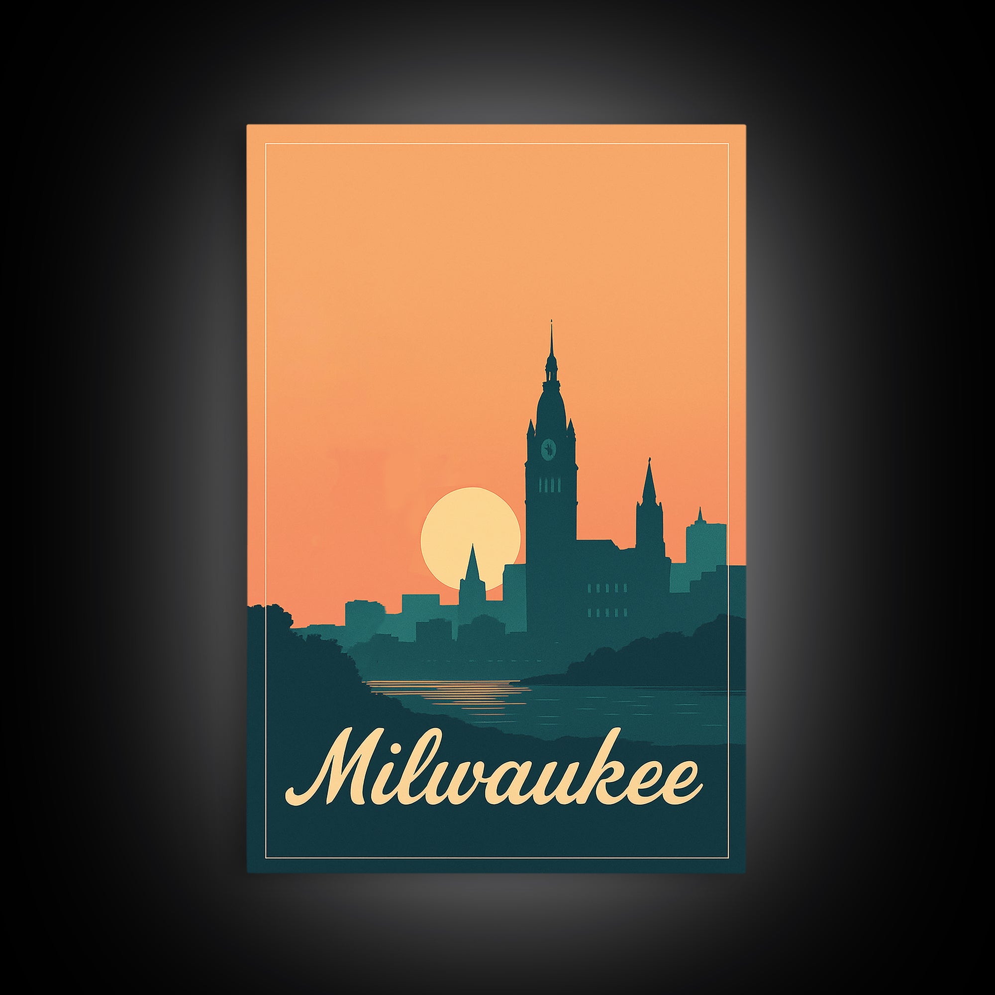 Milwaukee Wisconsin Travel Poster, Framed Canvas Print, Retro Sunset Skyline Art, Milwaukee Wall Art, Modern Wall Decor, City Travel Prints