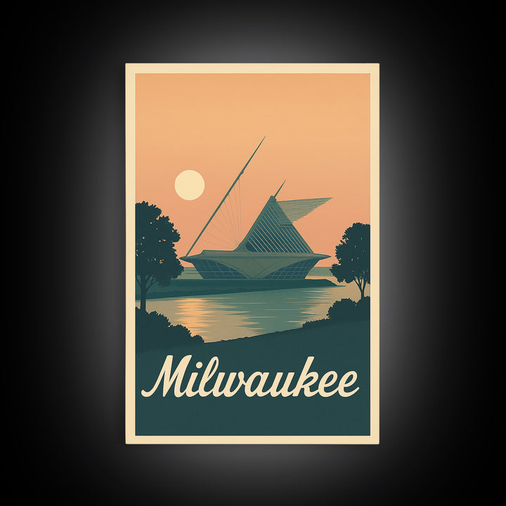 Milwaukee Travel Poster, Framed Canvas Print, Classic Travel Poster Art, Milwaukee Art Print, Watercolor Skyline, Retro Travel Print