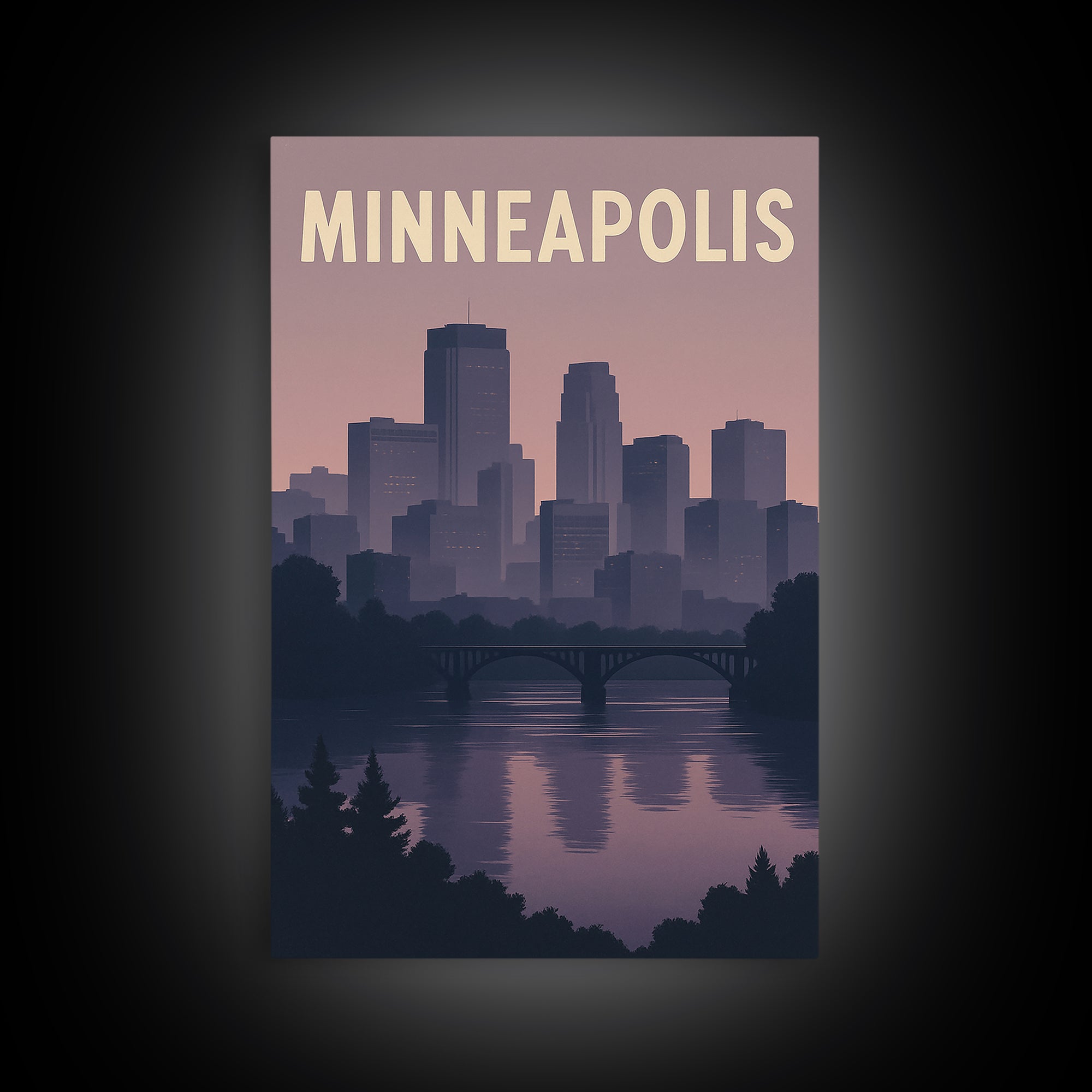 Minneapolis Travel Poster, Framed Canvas Print, Retro Sunset Skyline Art, Minneapolis Travel Art, Vintage Travel Print, City Art Print