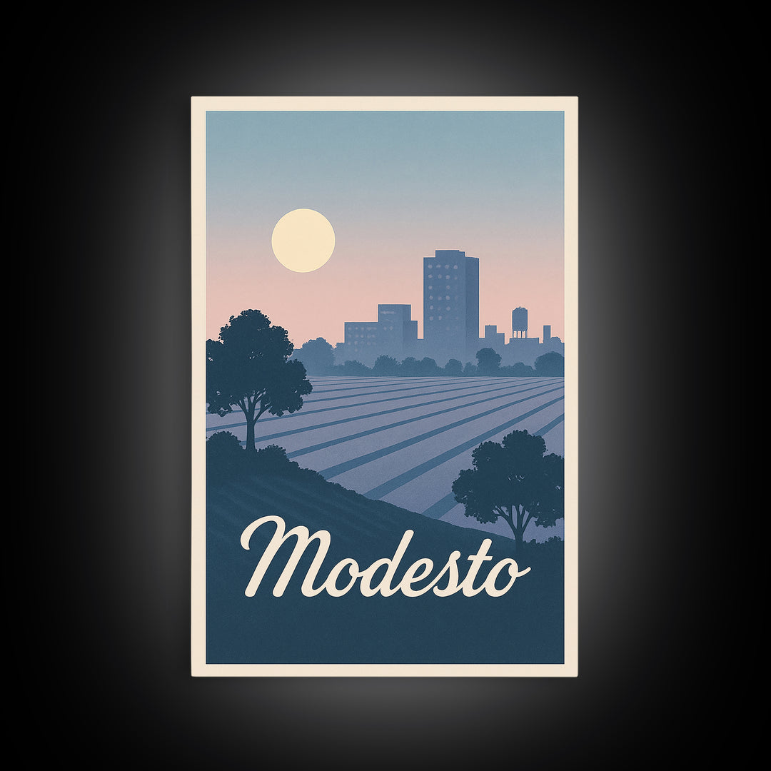 Modesto Travel Poster, Canvas Print, Mid Century City Wall Art, Modesto City Art, Modern Wall Decor, City Illustration, City Art Print