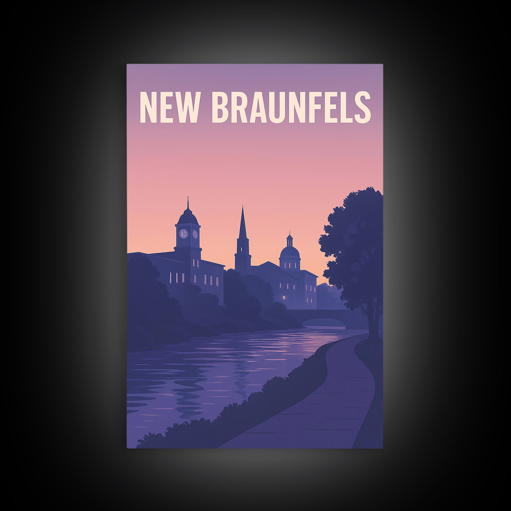 New Braunfels Travel Poster, Framed Canvas Print, Retro Sunset Skyline Art, New Braunfels City Art, Vintage Travel Print, Vintage Travel Art