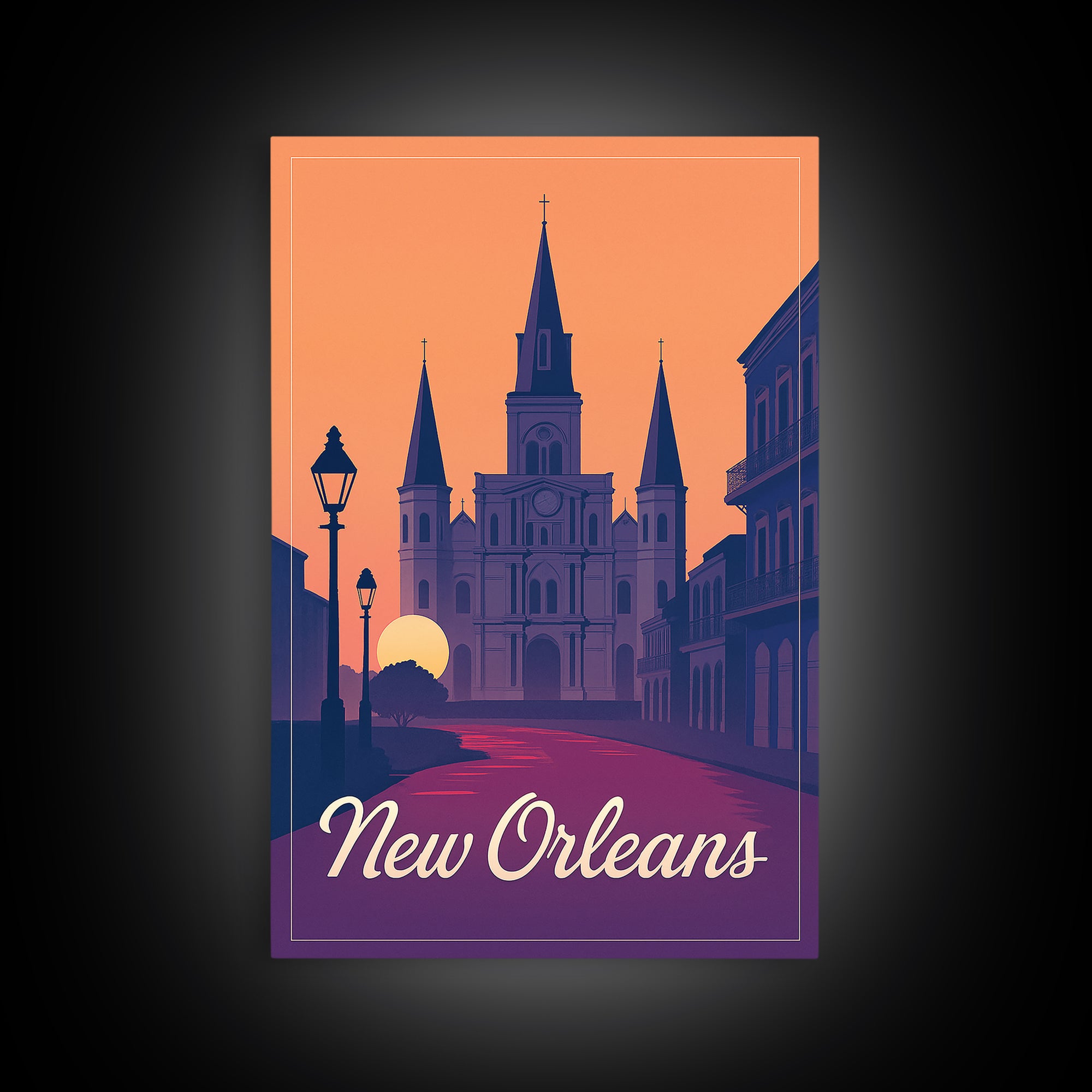 New Orleans Louisiana Travel Poster, Framed Canvas Print, Retro Sunset Skyline Art, New Orleans City Art, Travel Wall Art, Travel Art Print