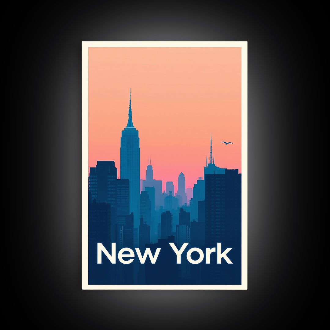 New York Travel Poster, Framed Canvas Print, Retro Sunset Skyline Art, New York Travel Art, Living Room Wall Art, Eclectic Wall Decor