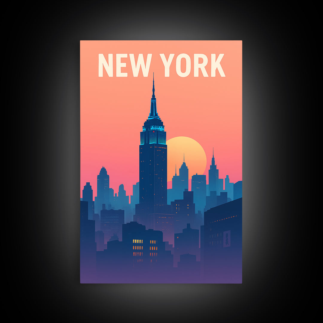 New York Travel Poster, Framed Canvas Print, Classic Travel Poster Art, New York Poster Print, Watercolor Skyline, Travel Art Print