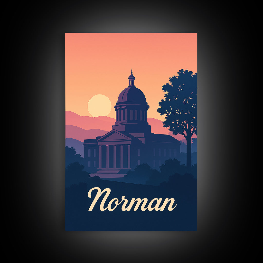 Norman Oklahoma Travel Poster, Framed Canvas Print, Mid Century City Wall Art, Norman City Art, Vintage Travel Print, Retro Travel Print