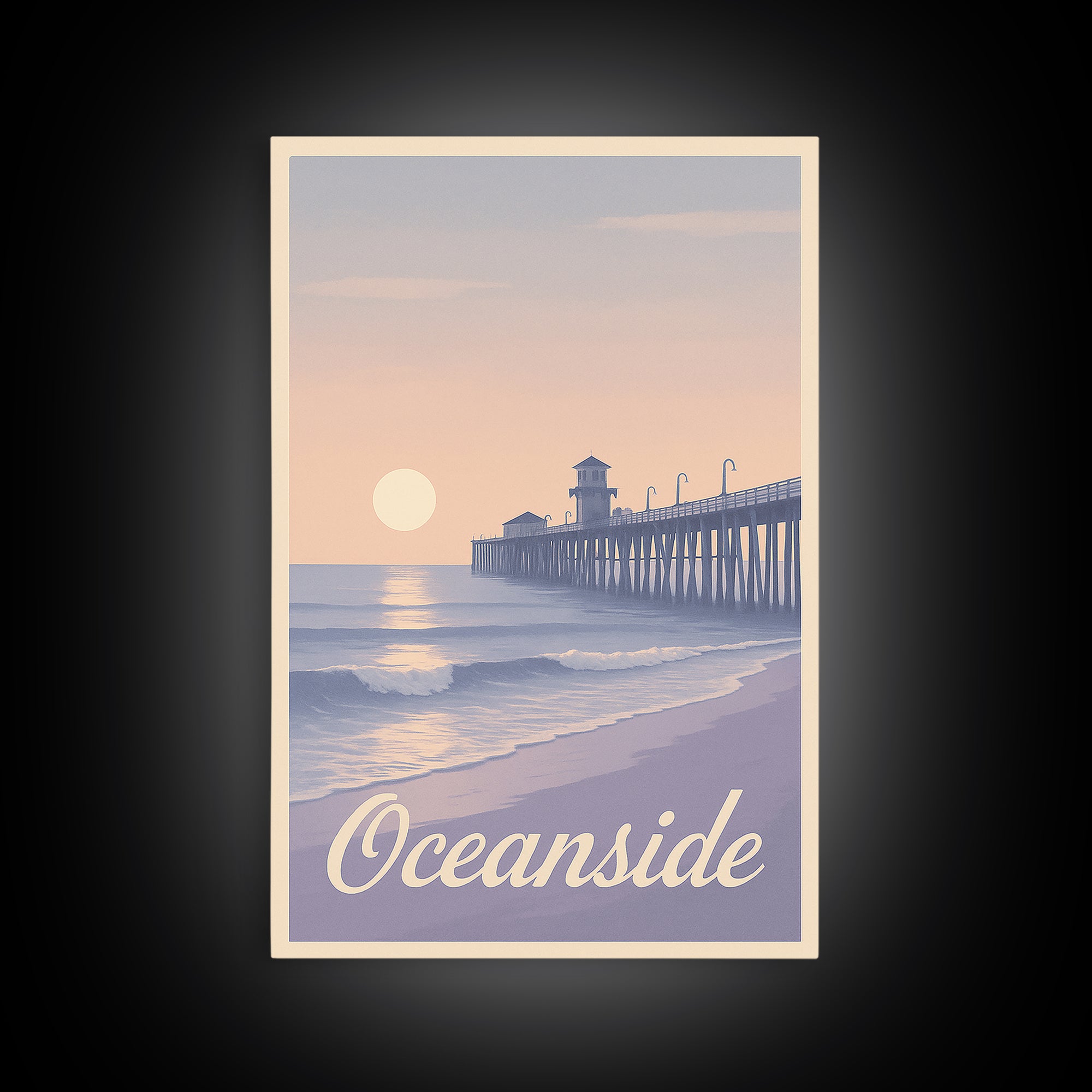 Oceanside Travel Poster, Canvas Print, Retro Sunset Skyline Art, Oceanside Wall Art, Retro Travel Print, Watercolor Skyline, Design 2