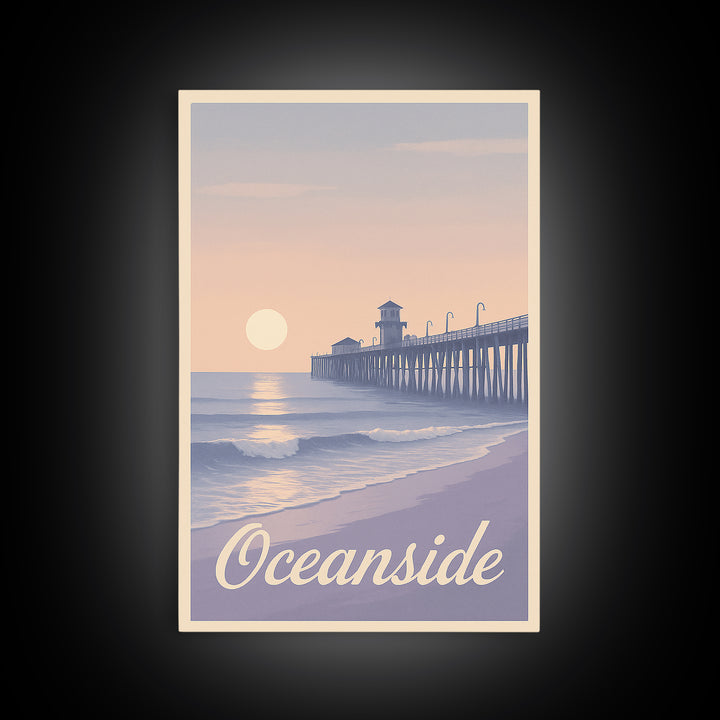 Oceanside Travel Poster, Canvas Print, Retro Sunset Skyline Art, Oceanside Wall Art, Retro Travel Print, Watercolor Skyline, Design 2