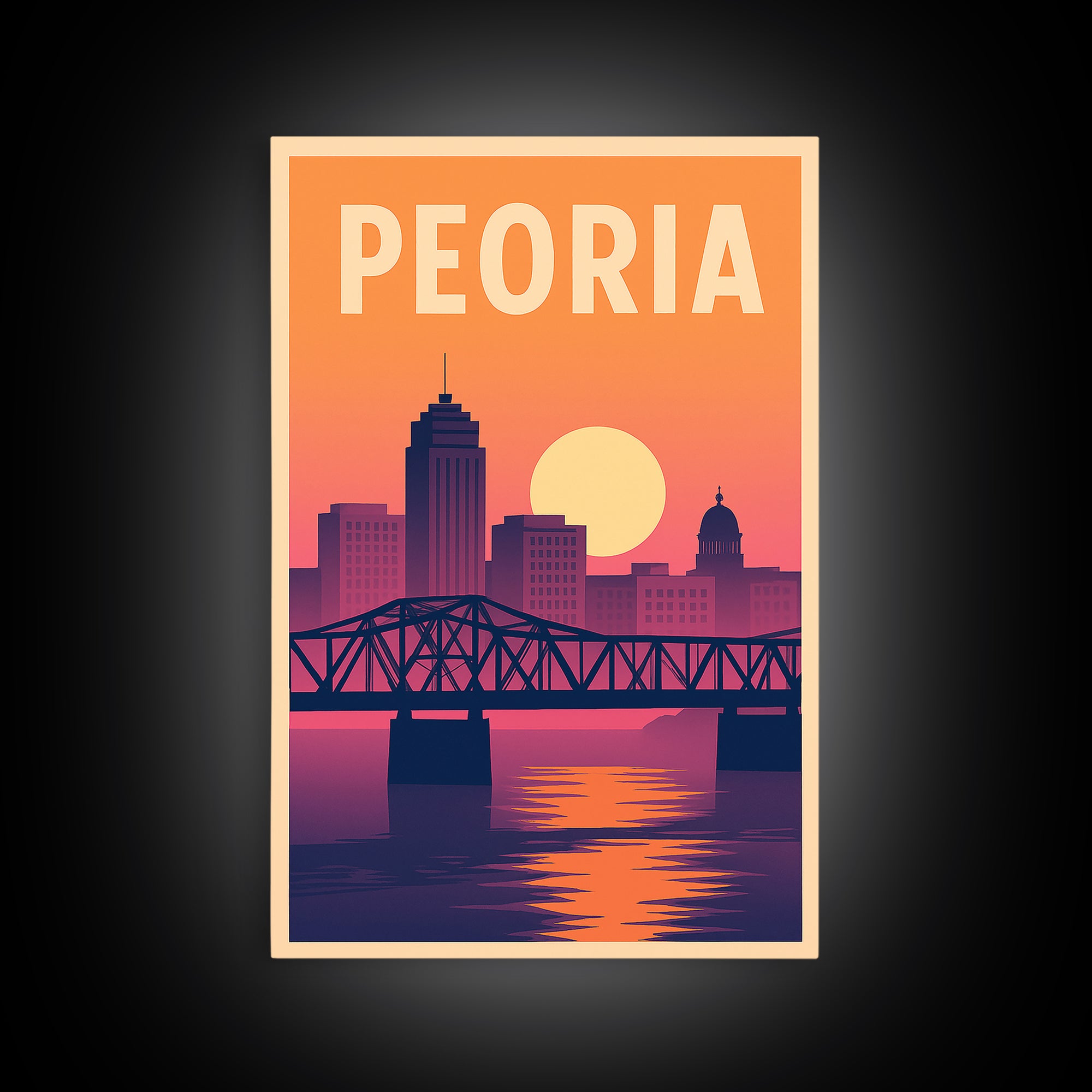 Peoria Travel Poster, Framed Canvas Print, Mid Century City Wall Art, Peoria City Art, Home Office Decor, City Art Print, City Travel Prints