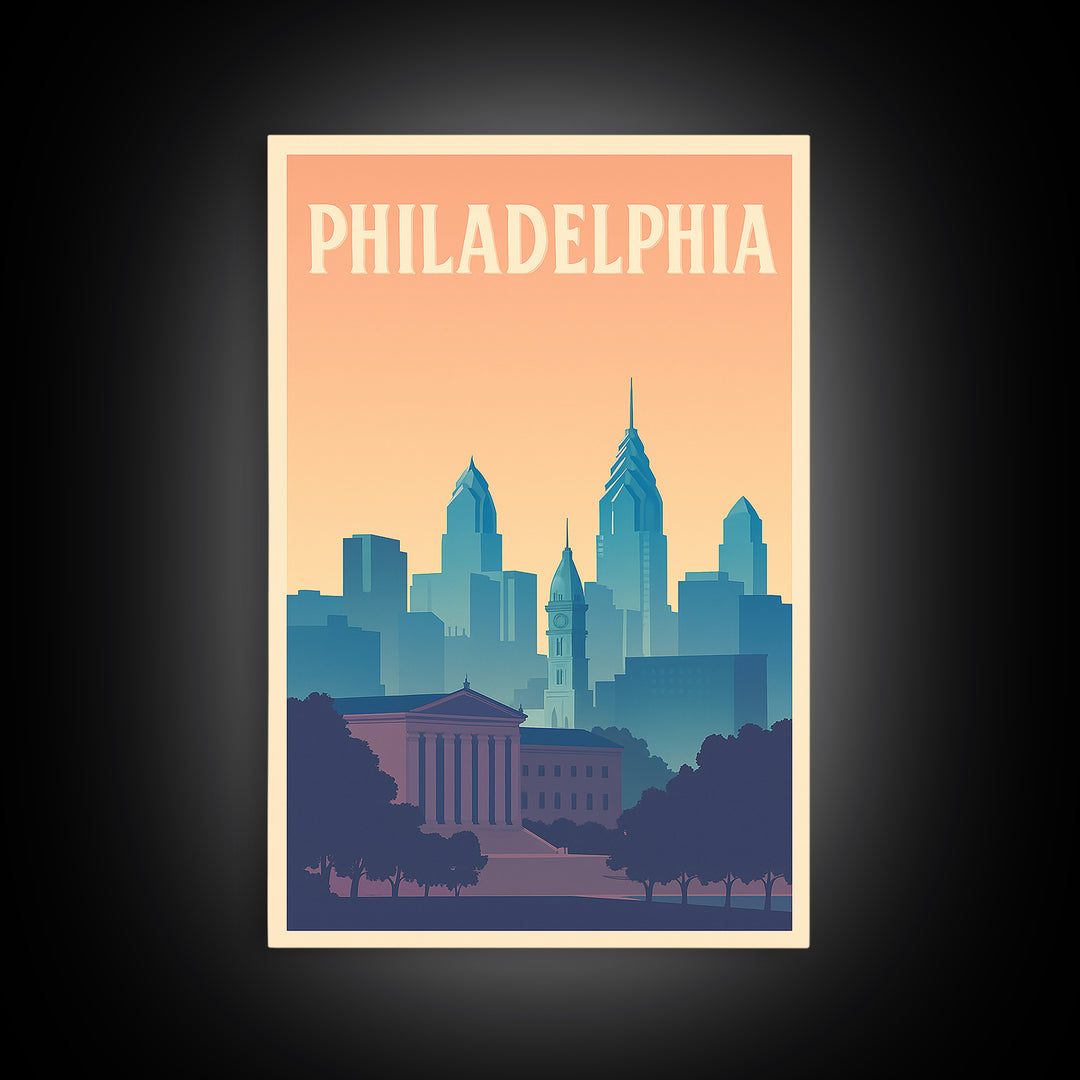 Philadelphia Travel Poster, Framed Canvas Print, Retro Sunset Skyline Art, Philadelphia City Art, Retro Travel Print, City Travel Prints