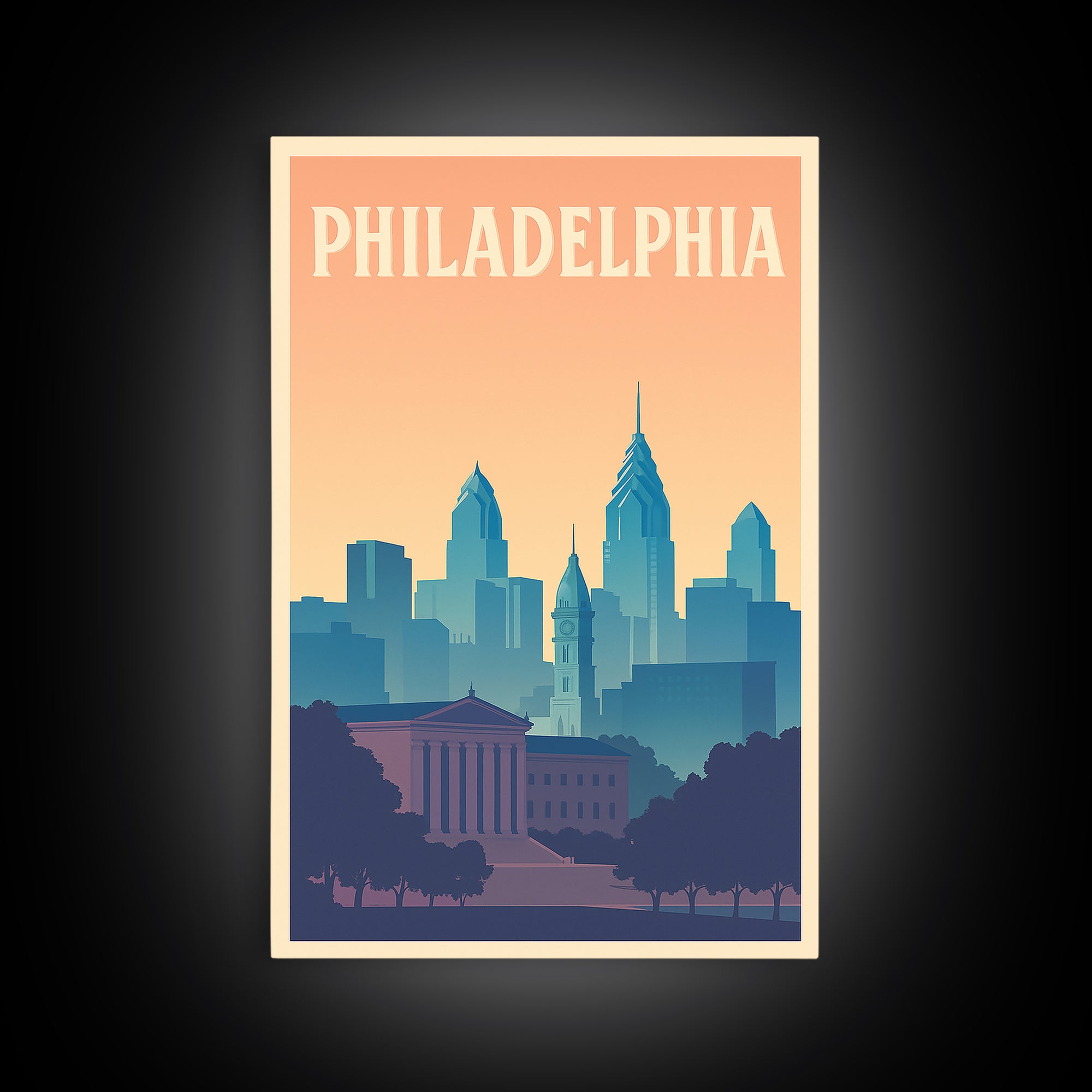 Philadelphia Travel Poster, Framed Canvas Print, Retro Sunset Skyline Art, Philadelphia City Art, Retro Travel Print, City Travel Prints