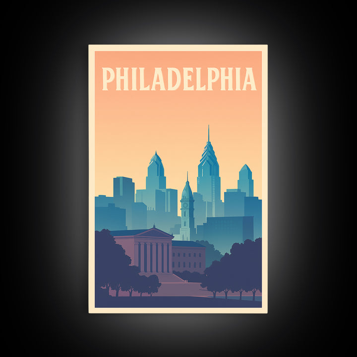 Philadelphia Travel Poster, Framed Canvas Print, Retro Sunset Skyline Art, Philadelphia City Art, Retro Travel Print, City Travel Prints