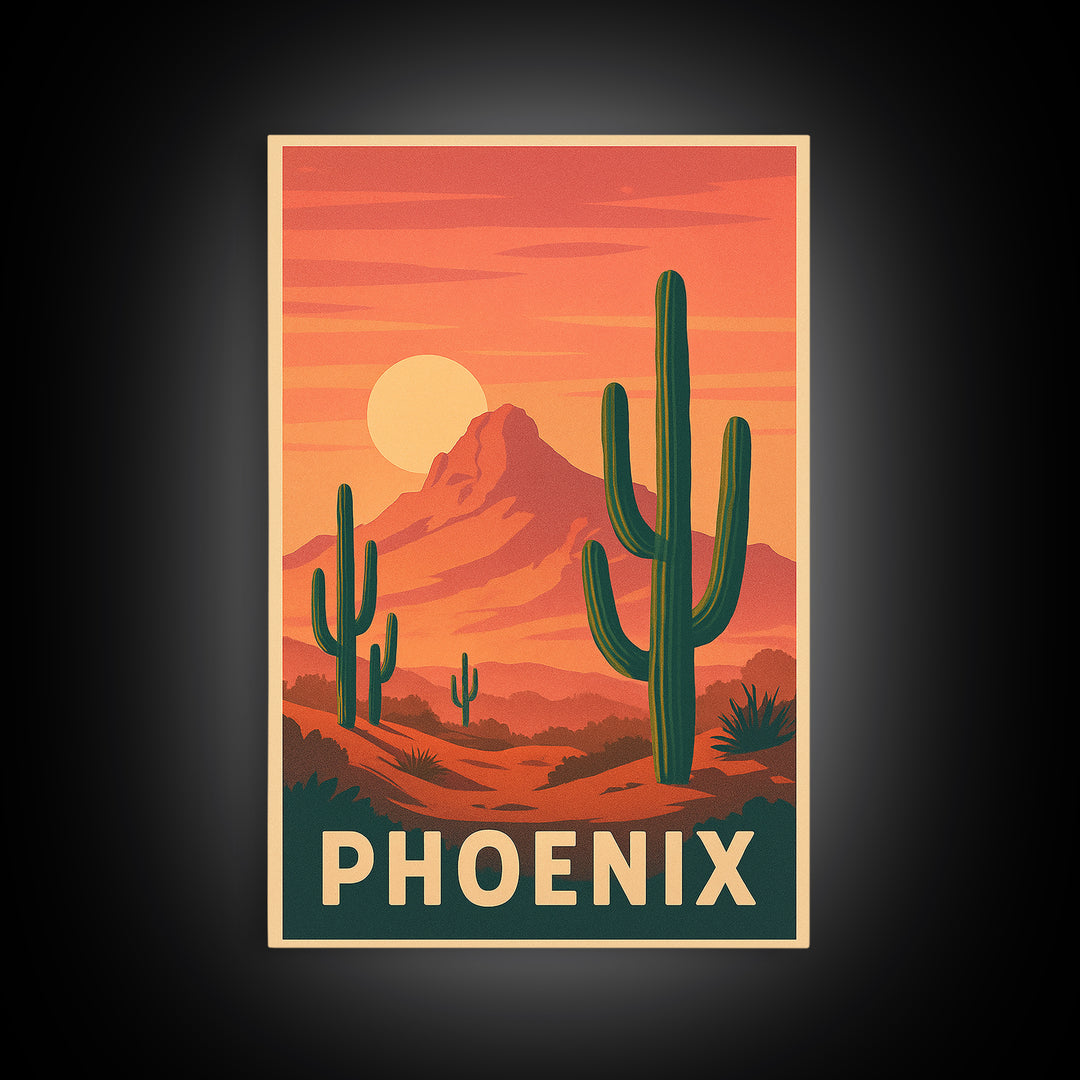 Phoenix Arizona Travel Poster, Framed Canvas Print, Retro Sunset Skyline Art, Phoenix Travel Art, Vintage Travel Print, Vintage City Poster