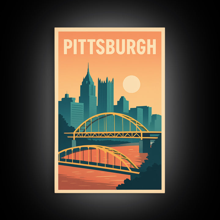 Pittsburgh Travel Poster, Framed Canvas Print, Mid Century City Wall Art, Pittsburgh Poster Print, Home Office Decor, Retro Travel Print