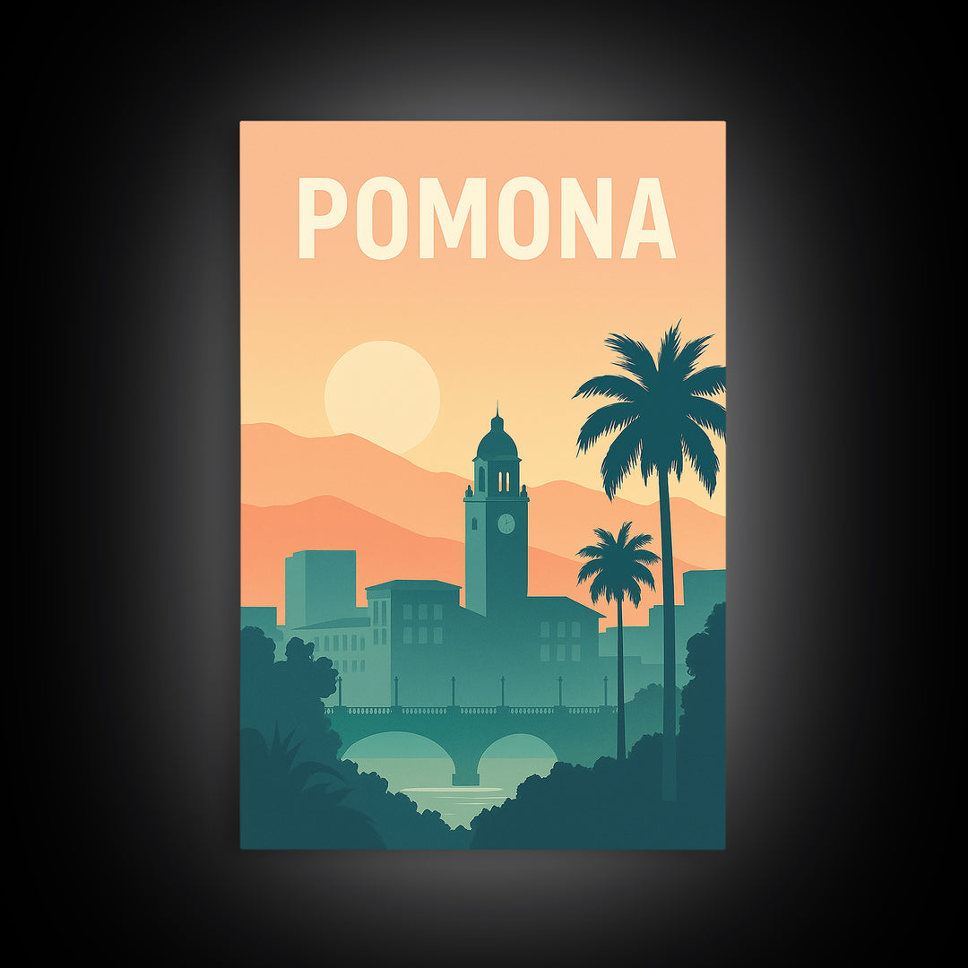 Pomona Travel Poster, Canvas Print, Retro Sunset Skyline Art, Pomona Travel Art, City Illustration, City Art Print, Travel Poster Art