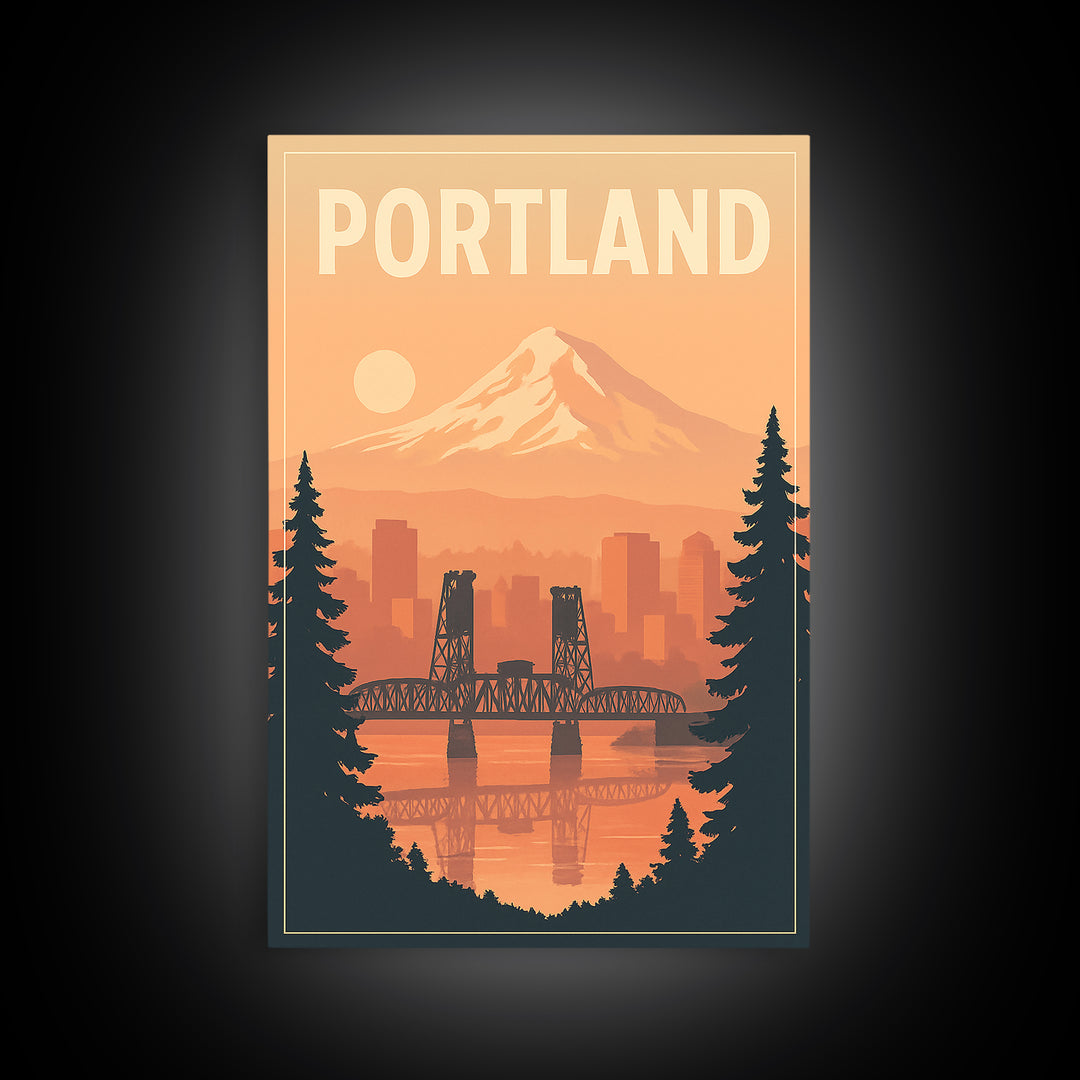 Portland Oregon Travel Poster, Framed Canvas Print, Retro Sunset Skyline Art, Portland Travel Art, City Illustration, Travel Poster Art