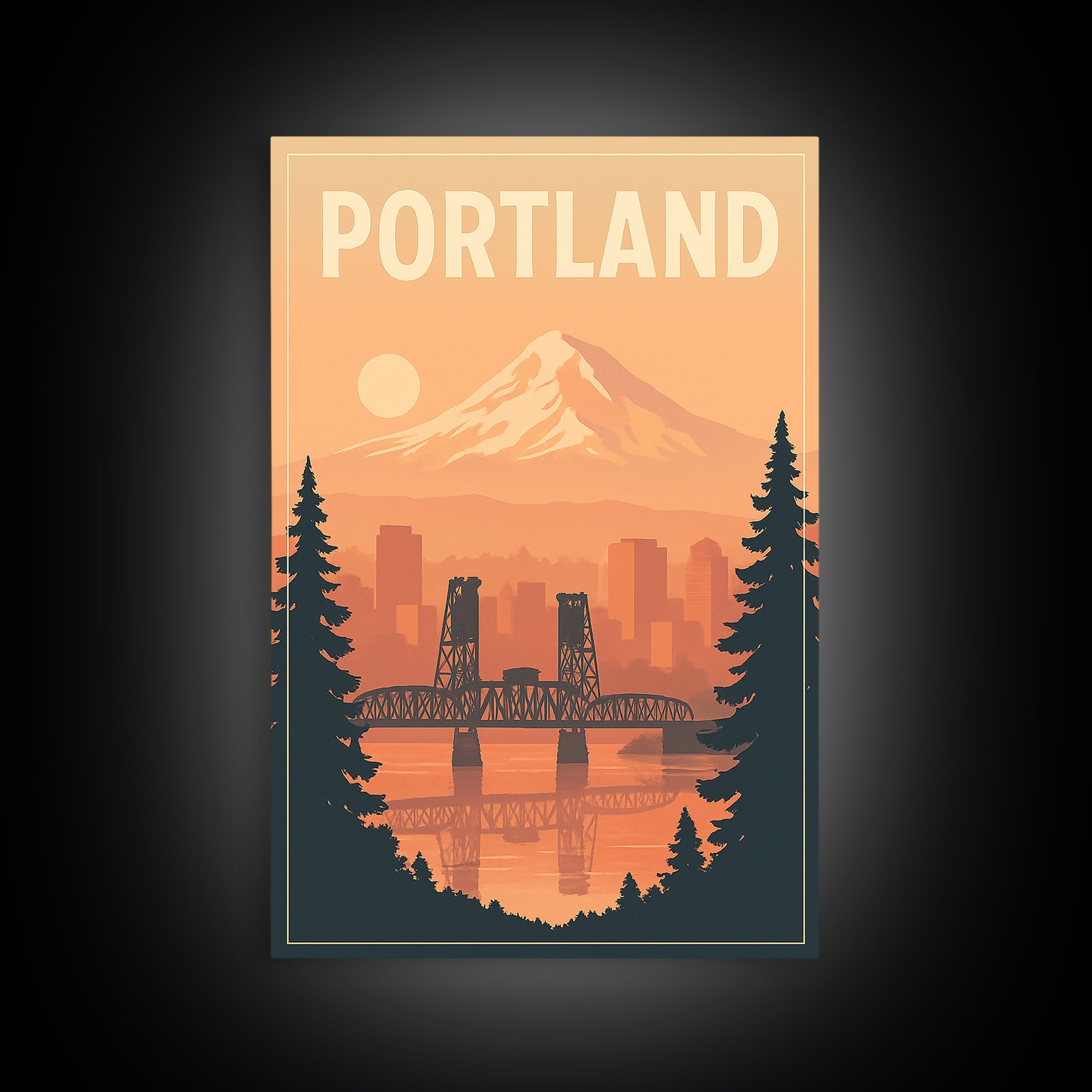 Portland Oregon Travel Poster, Framed Canvas Print, Retro Sunset Skyline Art, Portland Travel Art, City Illustration, Travel Poster Art