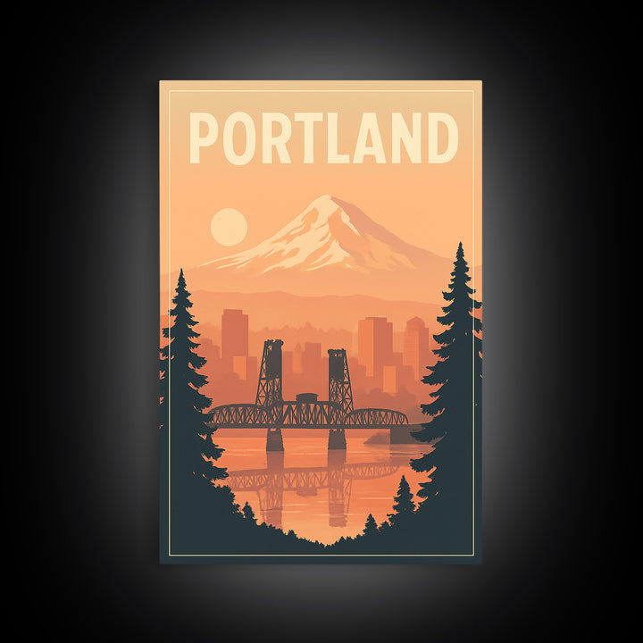 Portland Oregon Travel Poster, Framed Canvas Print, Retro Sunset Skyline Art, Portland Travel Art, City Illustration, Travel Poster Art
