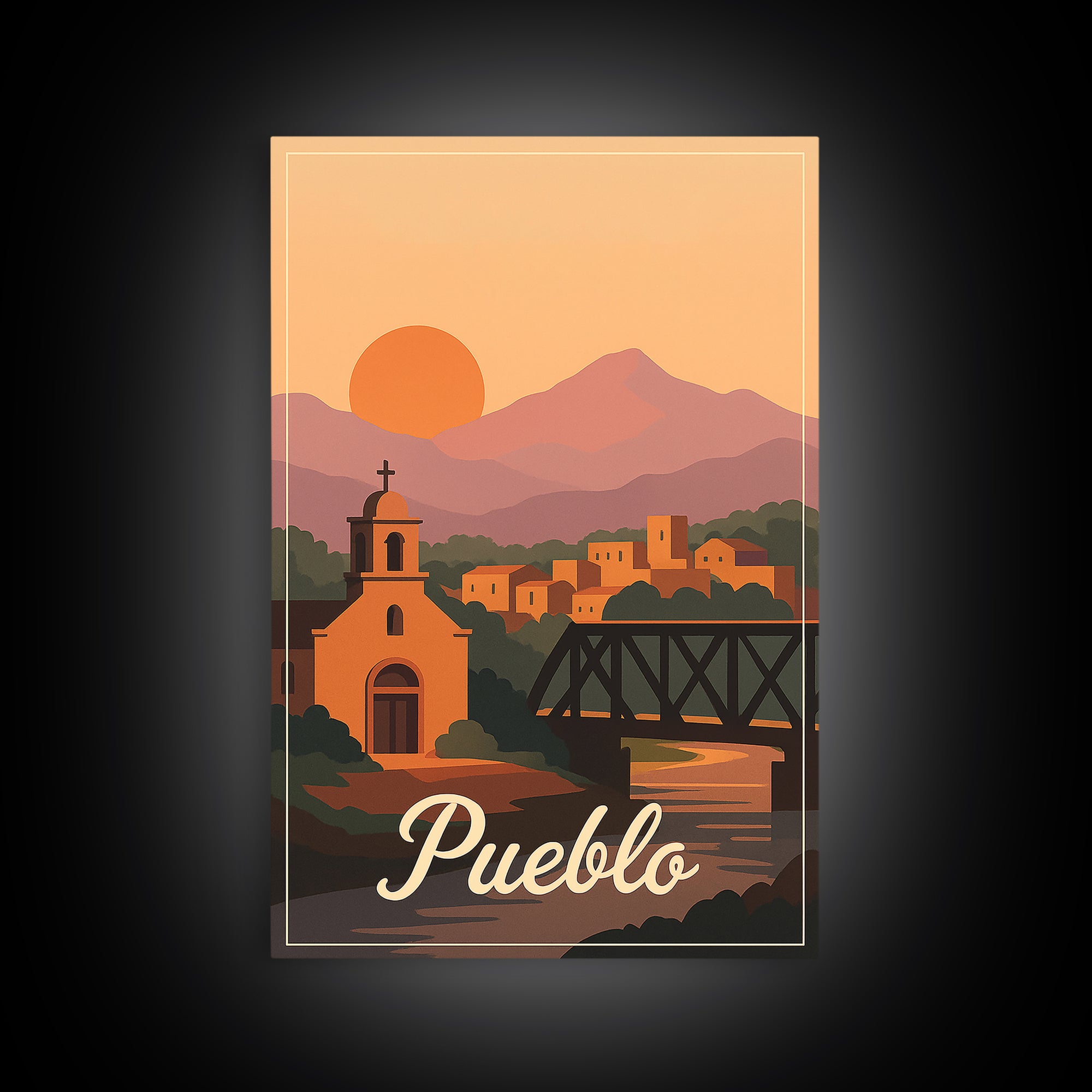 Pueblo Colorado Travel Poster, Canvas Print, Retro Sunset Skyline Art, Pueblo Wall Art, Retro Travel Print, Modern Wall Decor, Travel Gift