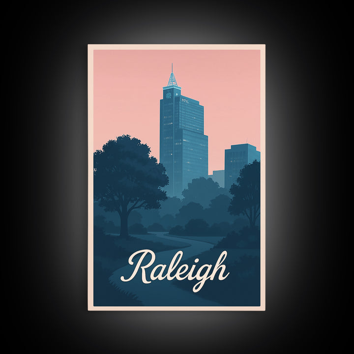 Raleigh Travel Poster, Framed Canvas Print, Classic Travel Poster Art, Raleigh Wall Art, Travel Poster Art, Vintage Travel Art