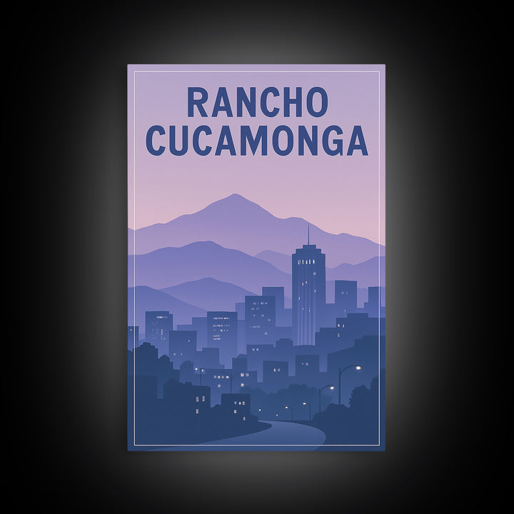 Rancho Cucamonga California Travel Poster, Framed Canvas Print, Retro Sunset Skyline Art, Rancho Cucamonga Poster Print, Eclectic Wall Decor