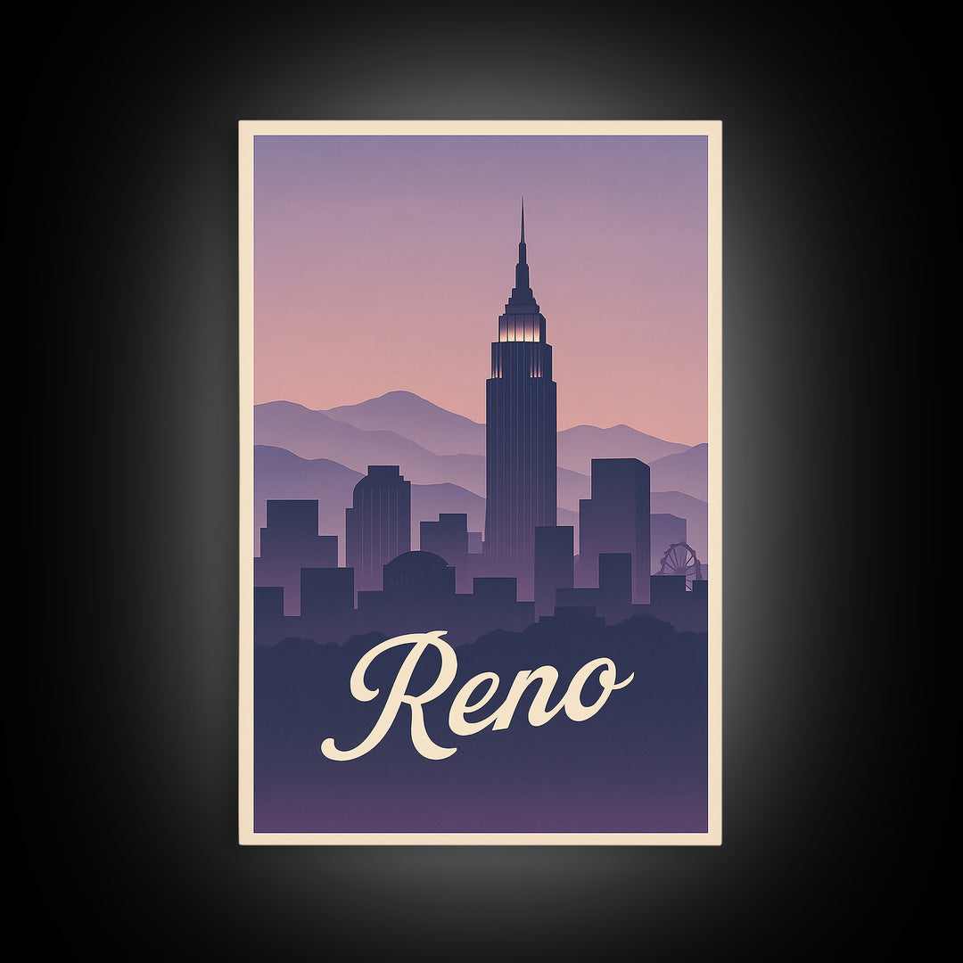 Reno Travel Poster, Canvas Print, Retro Sunset Skyline Art, Reno Art Print, City Illustration, Wanderlust Decor, Mid Century Wall Art