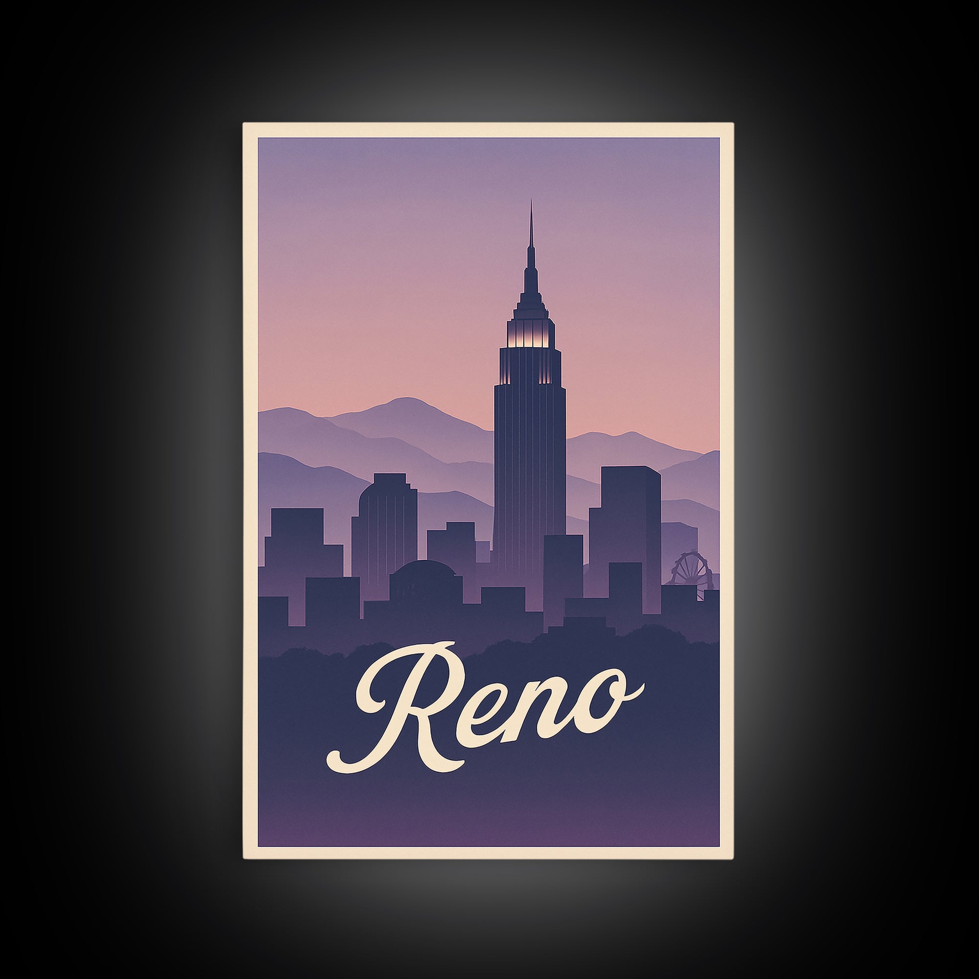 Reno Travel Poster, Canvas Print, Retro Sunset Skyline Art, Reno Art Print, City Illustration, Wanderlust Decor, Mid Century Wall Art
