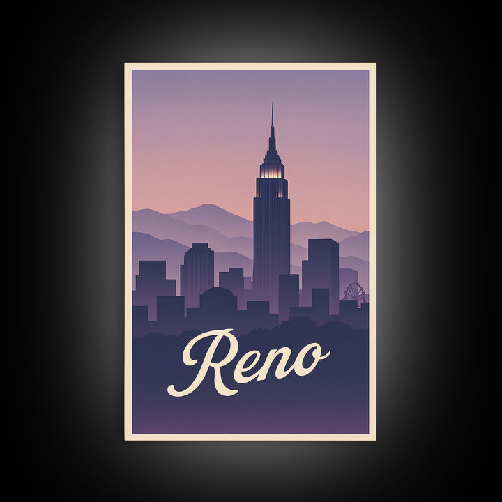 Reno Travel Poster, Canvas Print, Retro Sunset Skyline Art, Reno Art Print, City Illustration, Wanderlust Decor, Mid Century Wall Art