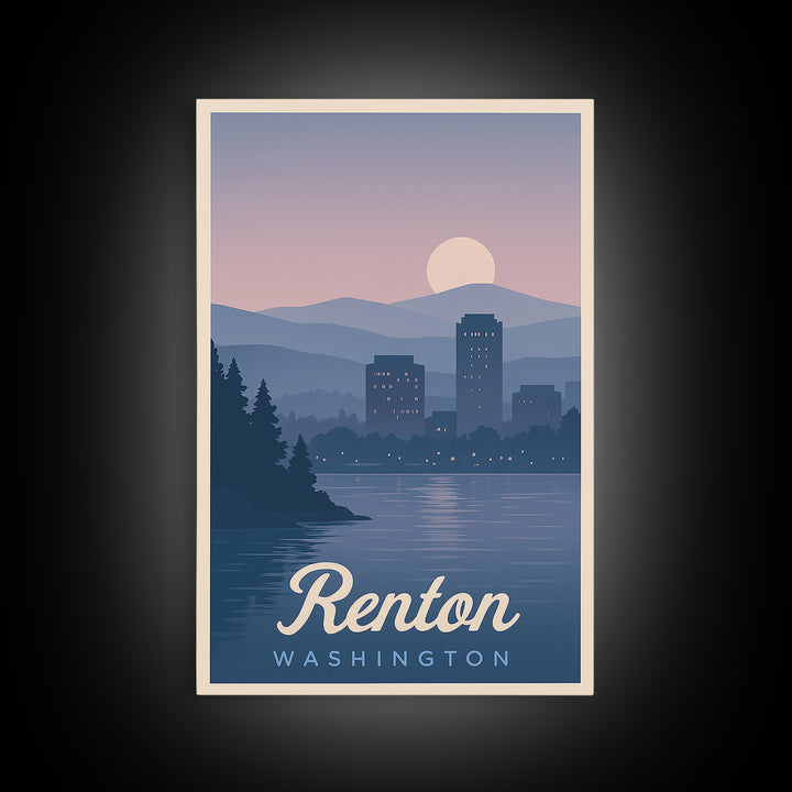 Renton Travel Poster, Framed Canvas Print, Mid Century City Wall Art, Renton Wall Art, Home Office Decor, Travel Wall Decor, Art Print