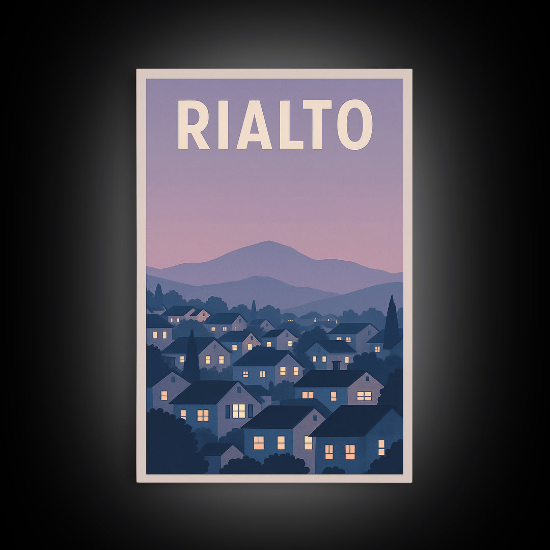 Rialto Travel Poster, Framed Canvas Print, Retro Sunset Skyline Art, Rialto Wall Art, Watercolor Skyline Art, Travel Poster Art, Design 2