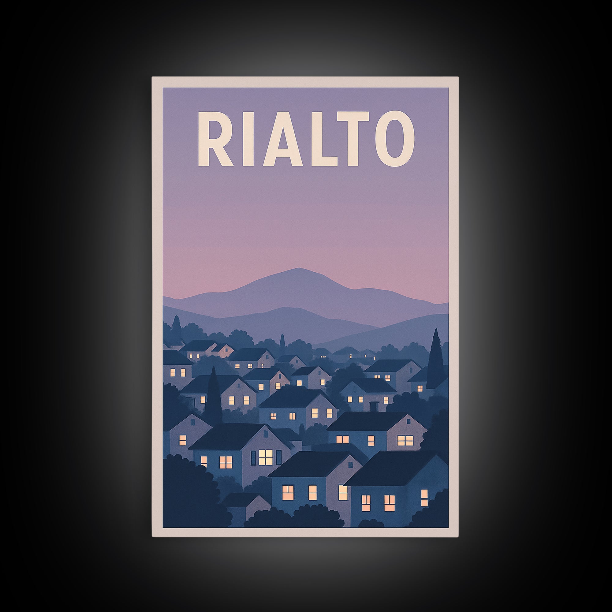 Rialto Travel Poster, Framed Canvas Print, Retro Sunset Skyline Art, Rialto Wall Art, Watercolor Skyline Art, Travel Poster Art, Design 2