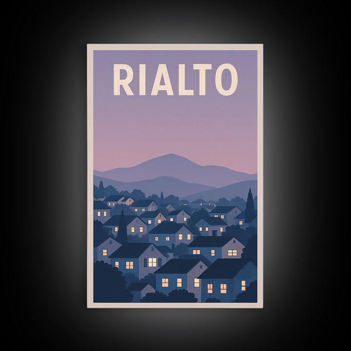 Rialto Travel Poster, Framed Canvas Print, Retro Sunset Skyline Art, Rialto Wall Art, Watercolor Skyline Art, Travel Poster Art, Design 2