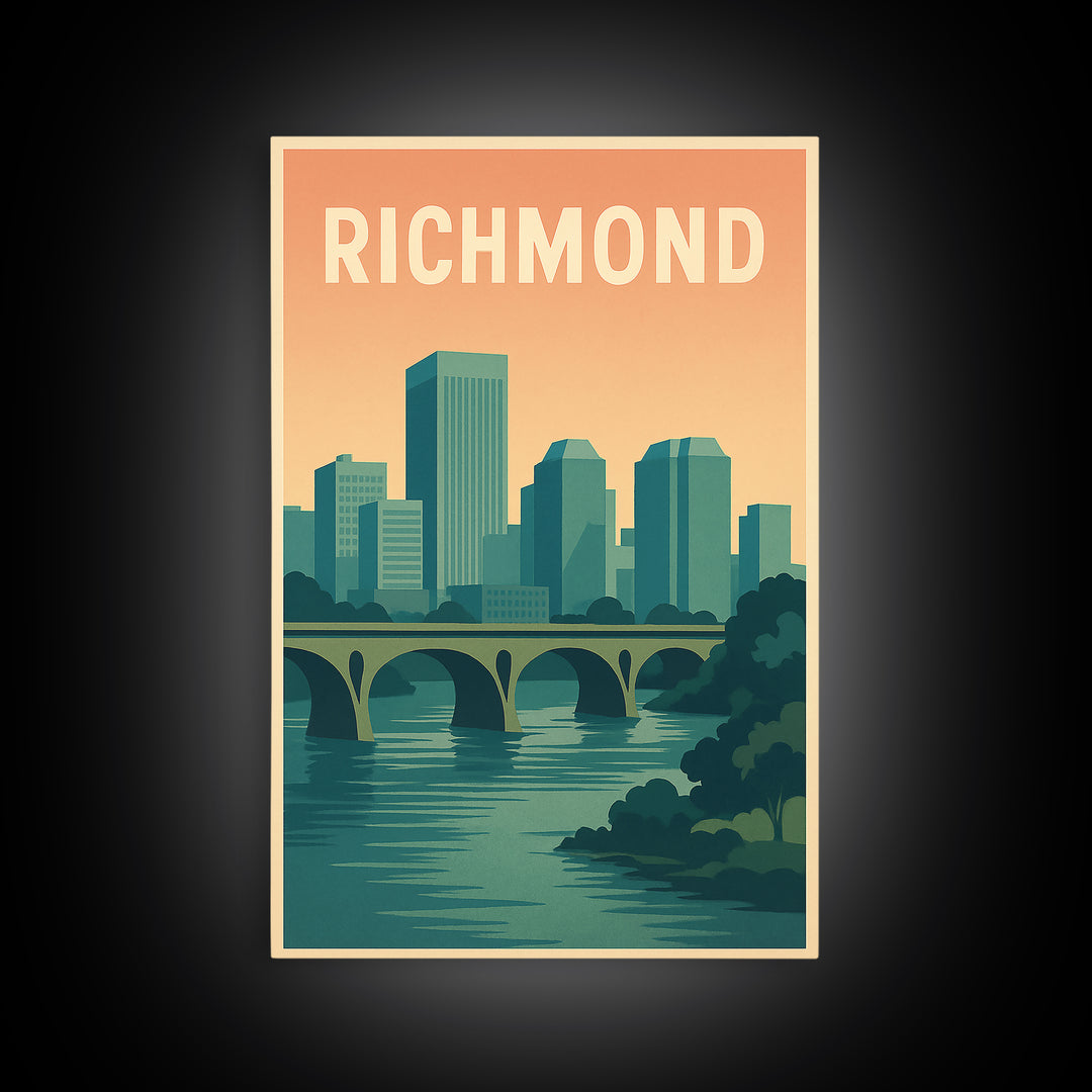 Richmond Virginia Travel Poster, Canvas Print, Retro Sunset Skyline Art, Richmond Poster Print, Watercolor Cityscape, Retro Travel Print
