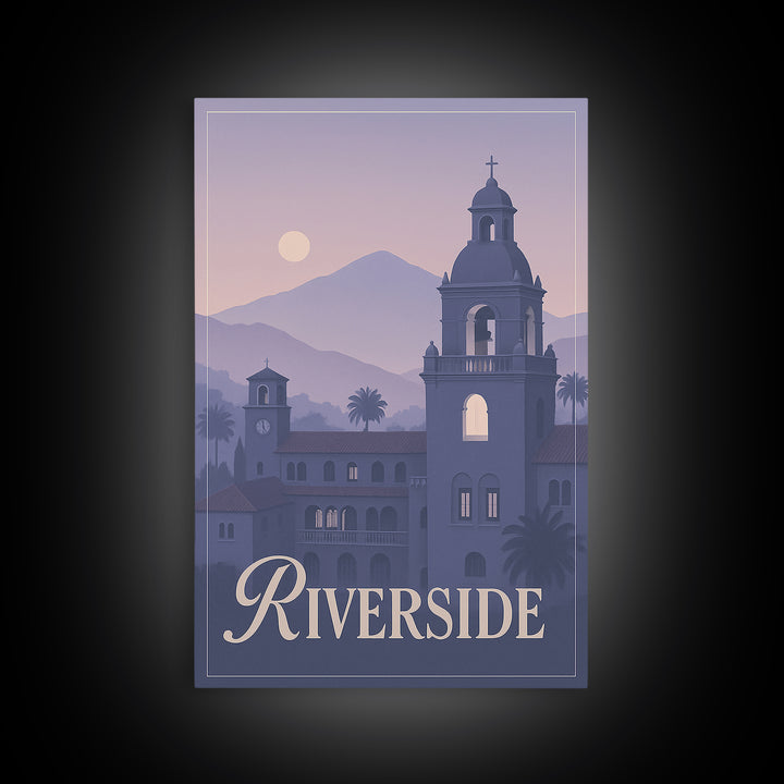 Riverside Travel Poster, Framed Canvas Print, Classic Travel Poster Art, Riverside Wall Art, Eclectic Wall Decor, City Illustration